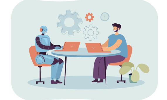 Cartoon man and robot sitting at laptops in workplace together