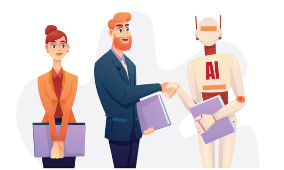 Businessman and robot handshake for deal and contract business partnership. AI (artificial intelligence technology) for business in future. Vector cartoon illustration